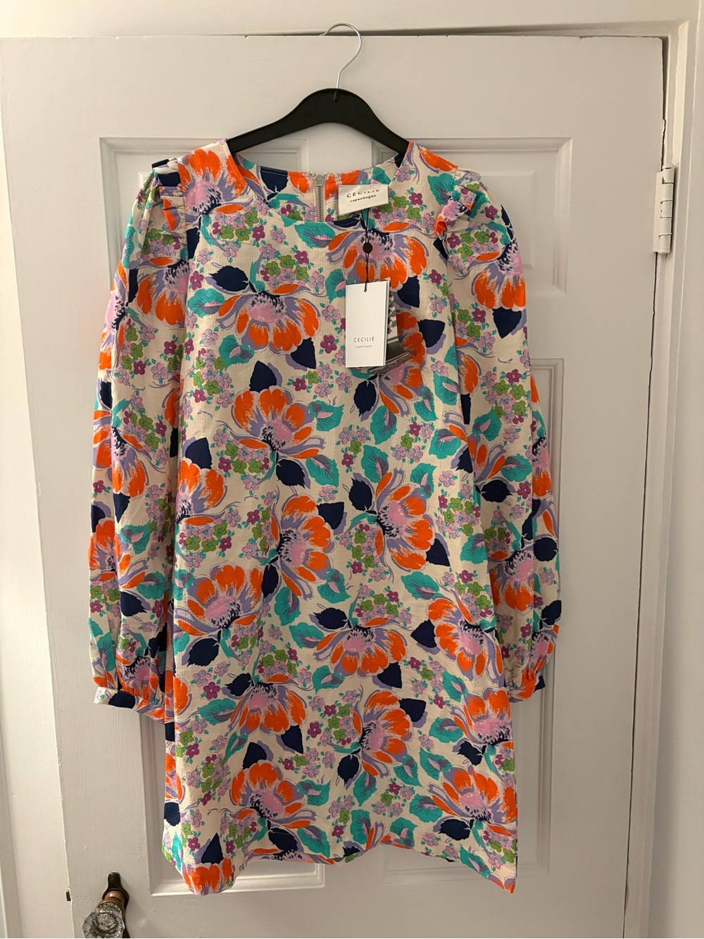 Cecilie Copenhagen Multicolor Floral Shift Dress - Orange, Teal & Navy